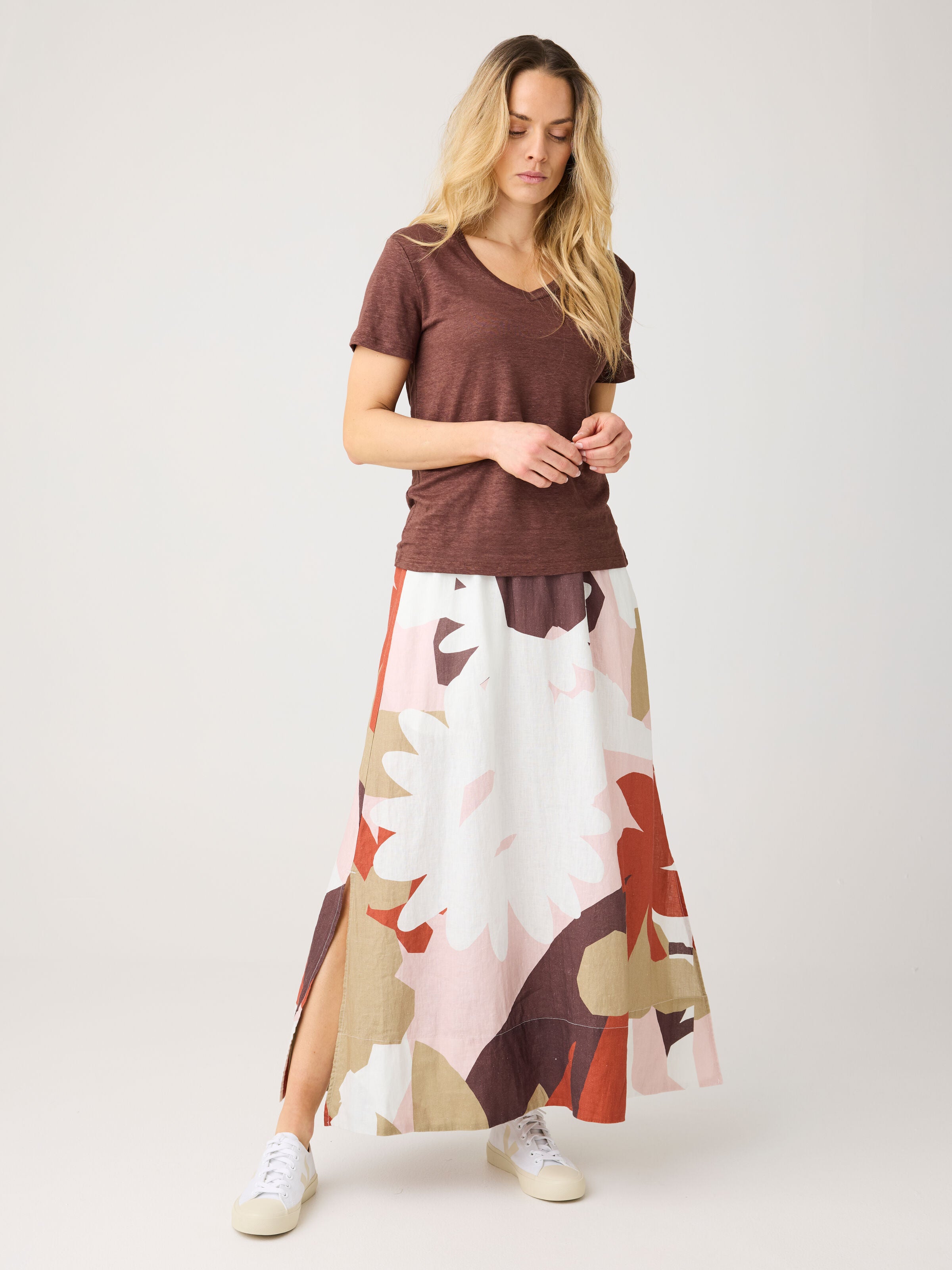 Maxi Rock mit Flower-Print aus Bio-Leinen