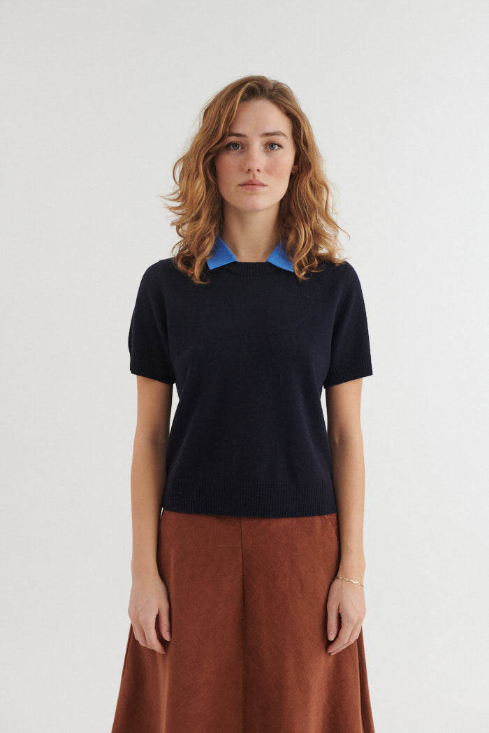 Kurzarm-Strickshirt LIS mit abnehmbaren Kragen aus Bio-Merinowolle