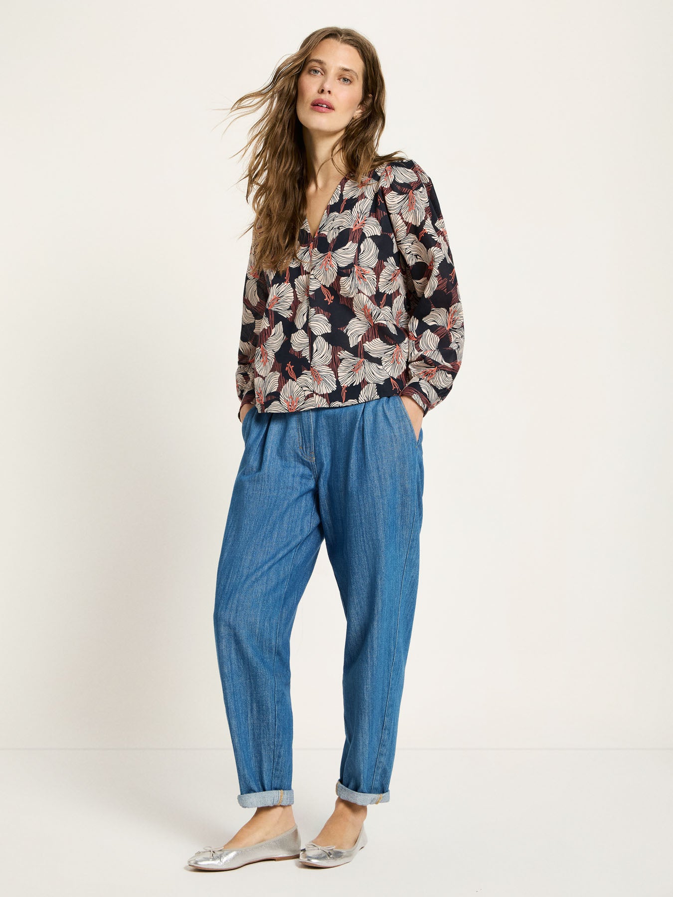 Bluse mit Printmuster und Kräuseln aus Bio-Baumwolle