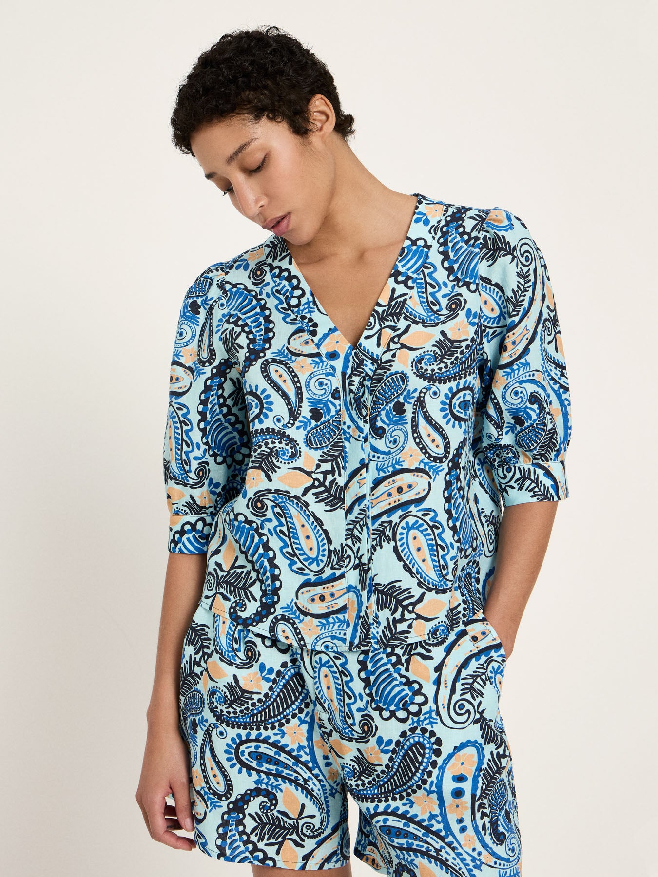 3/4 Arm Bluse mit Paisley-Print aus Bio-Leinen