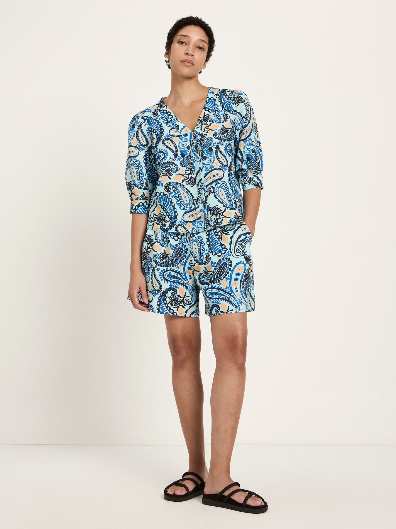 3/4 Arm Bluse mit Paisley-Print aus Bio-Leinen