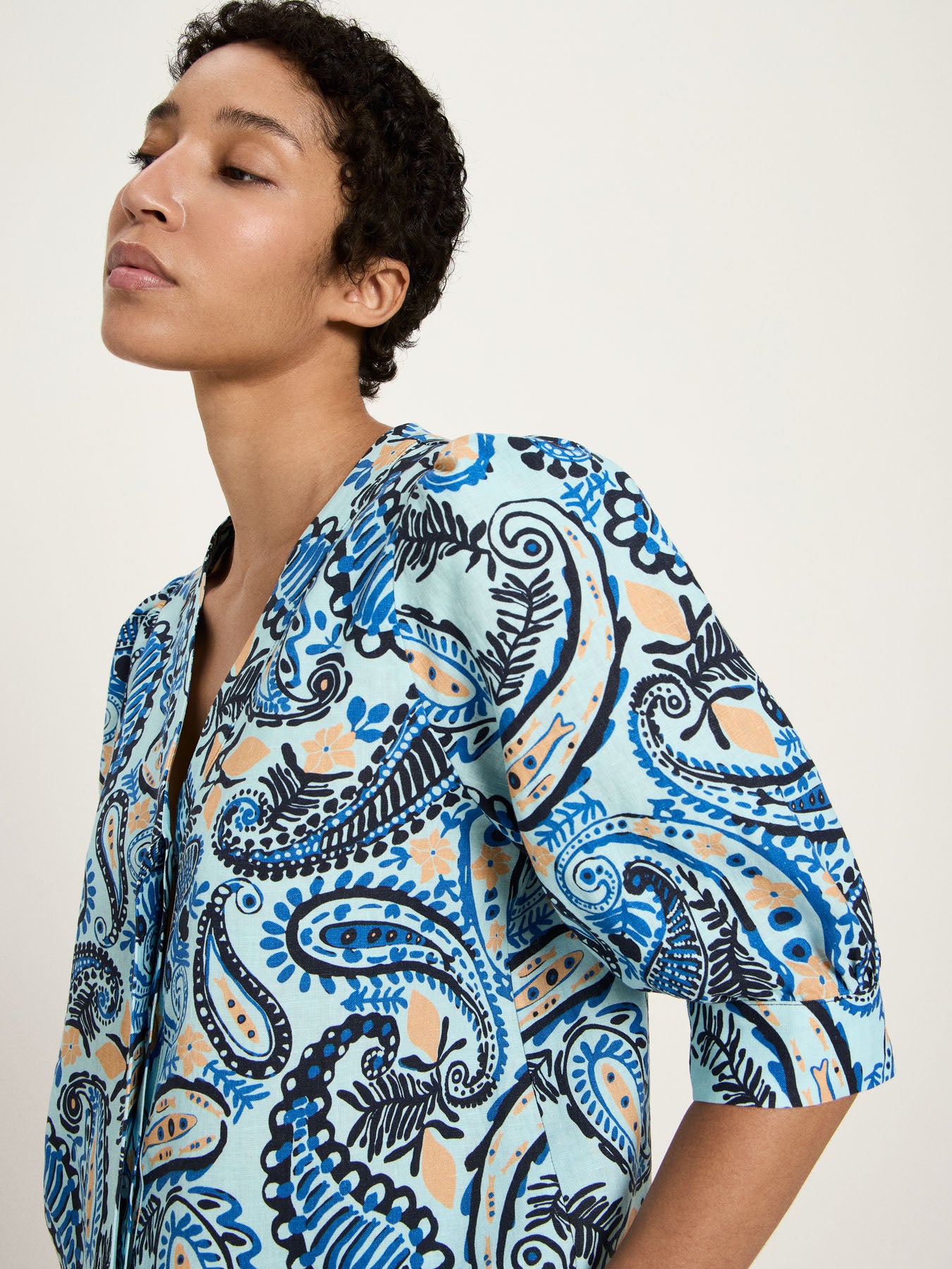 3/4 Arm Bluse mit Paisley-Print aus Bio-Leinen