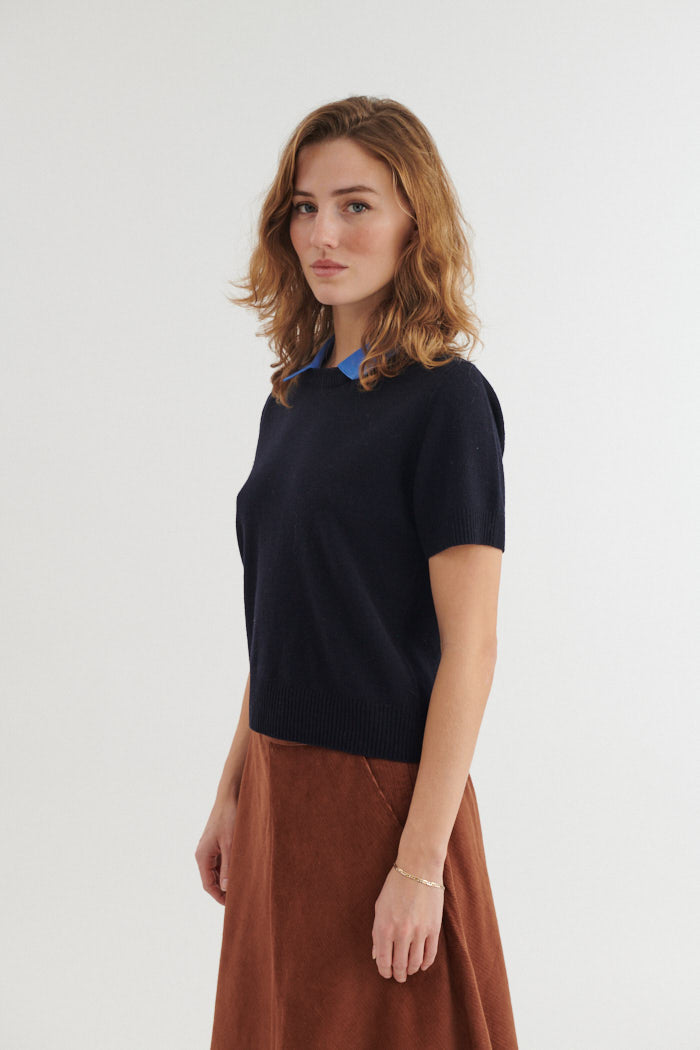 Kurzarm-Strickshirt LIS mit abnehmbaren Kragen aus Bio-Merinowolle